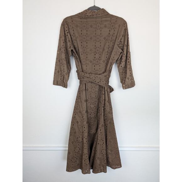 CAbi Midi Dress Floral Eyelet Faux Wrap Shirt Retro Rockabilly Brown Size 8 - Picture 5 of 11